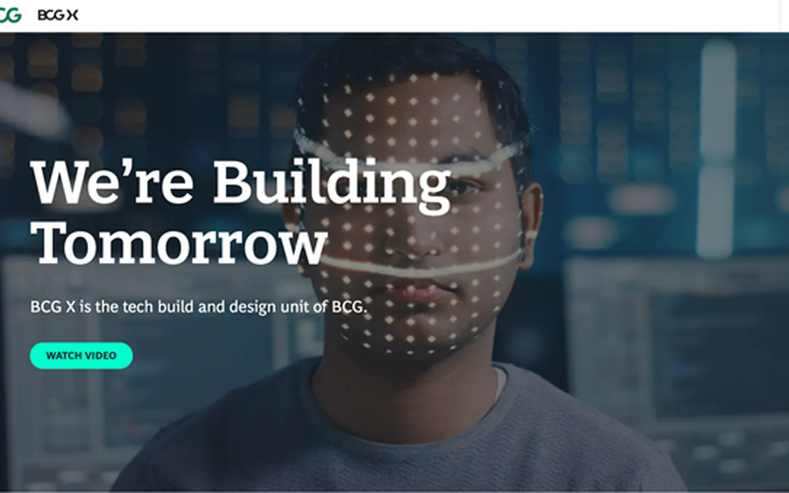 BCG X website hero reading We're Building Tomorrow, the tech build and design unit of BCG.