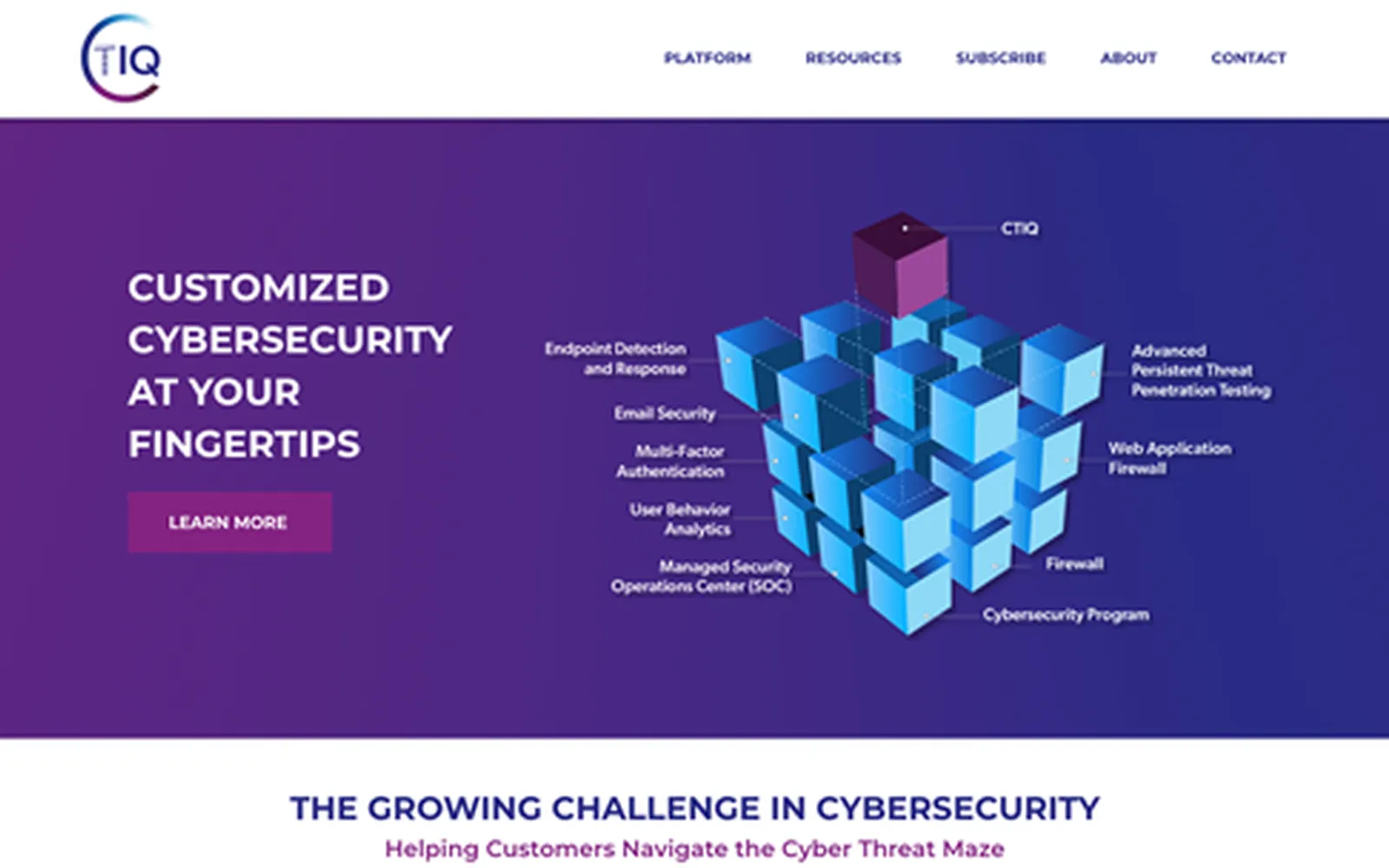 CyberTIQ marketing site showing its customized cybersecurity offering and a diagram of managed security services.