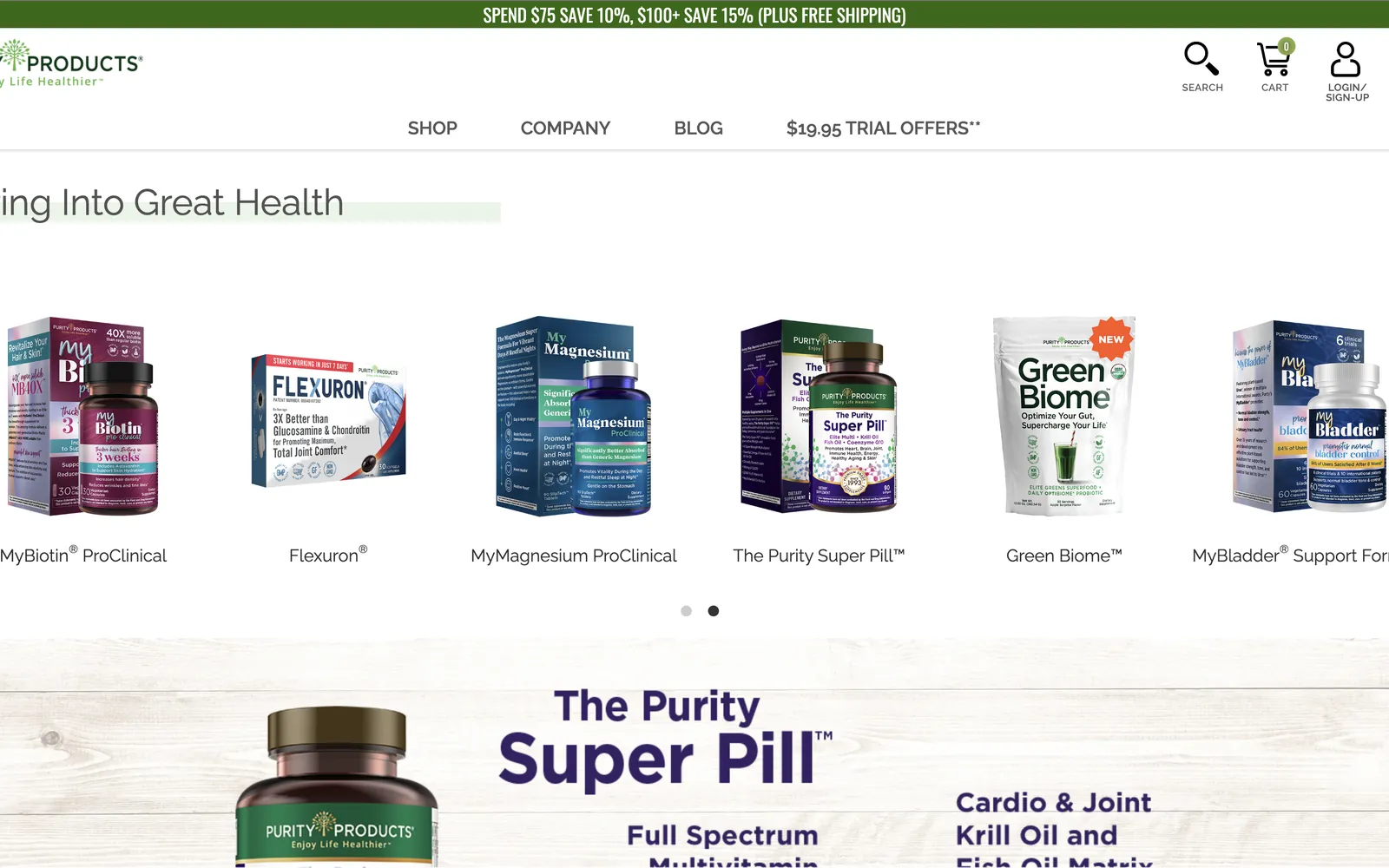 Purity Products e-commerce storefront with a supplement product carousel and the Purity Super Pill promotion.