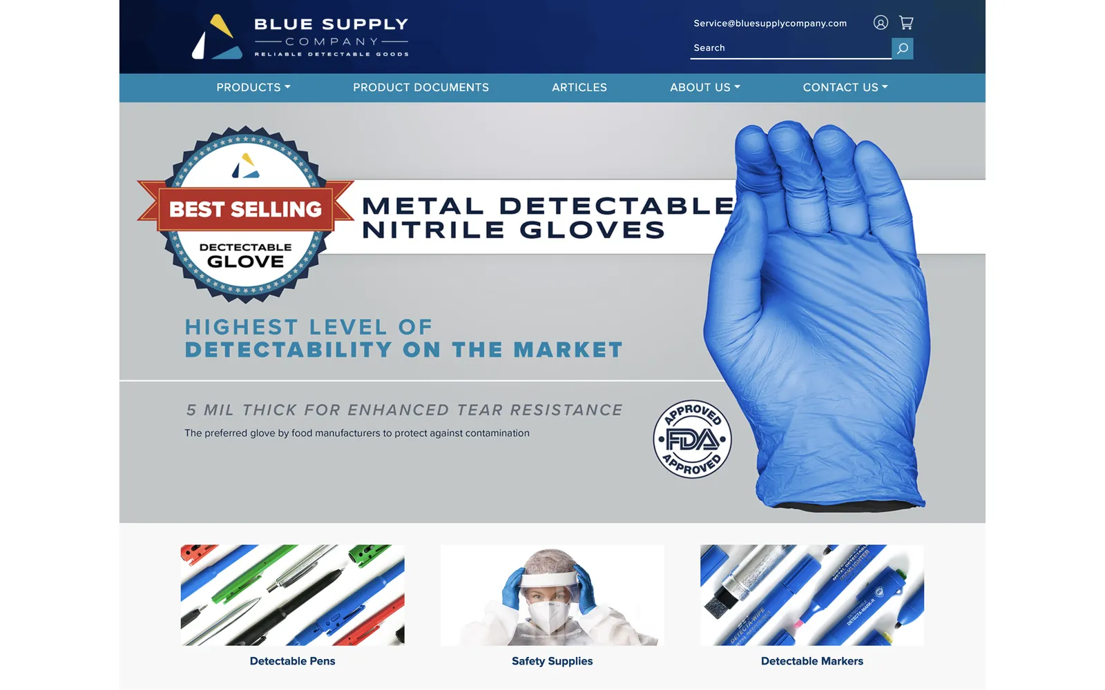 Blue Supply Company B2B storefront featuring its best-selling metal detectable nitrile gloves product page.