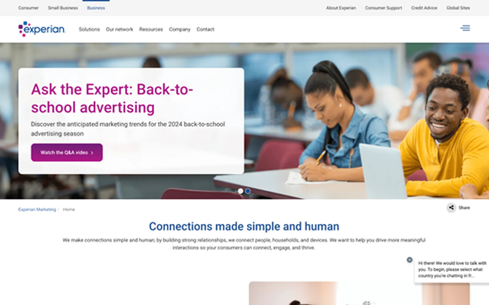 Experian marketing site showing a back-to-school advertising insights module and consumer connection messaging.