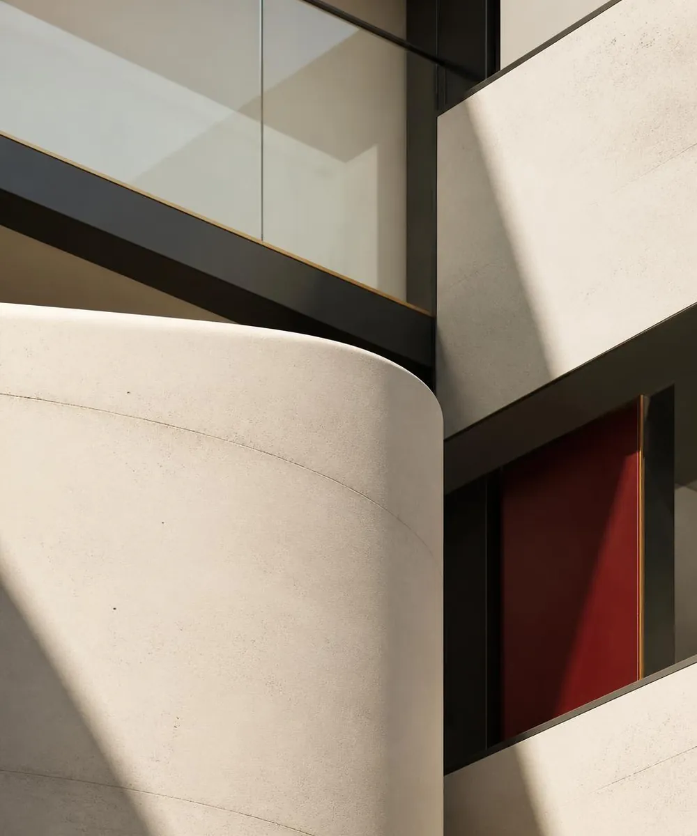 Abstract architectural study in concrete, glass and warm light