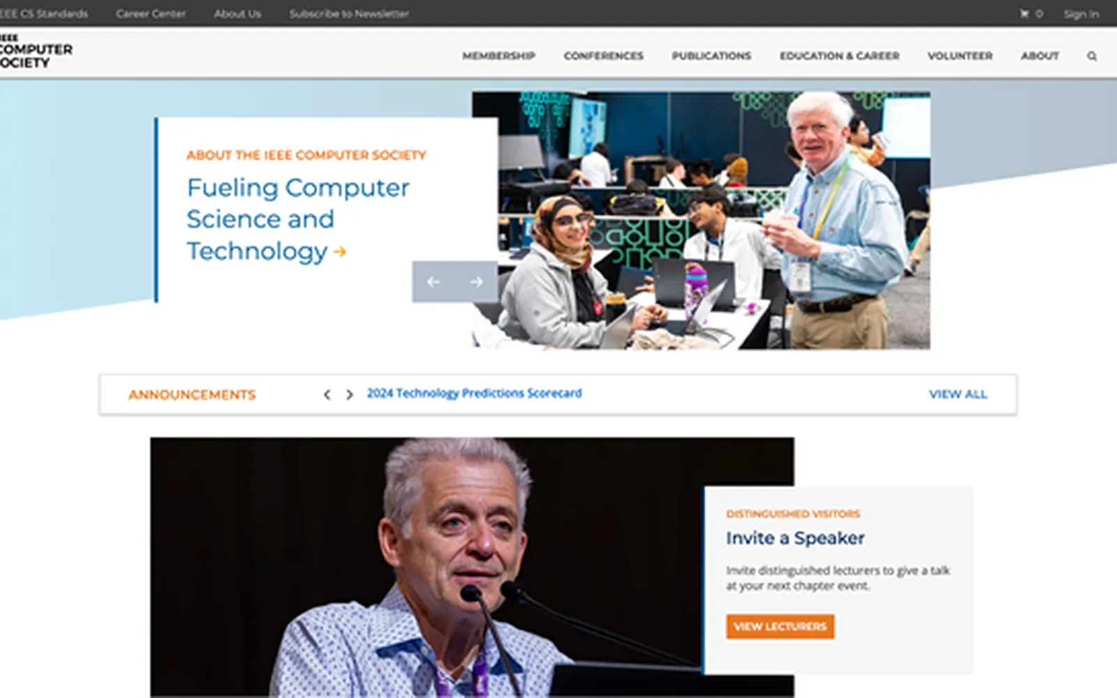 IEEE Computer Society website with its Fueling Computer Science and Technology hero and speaker programme panels.