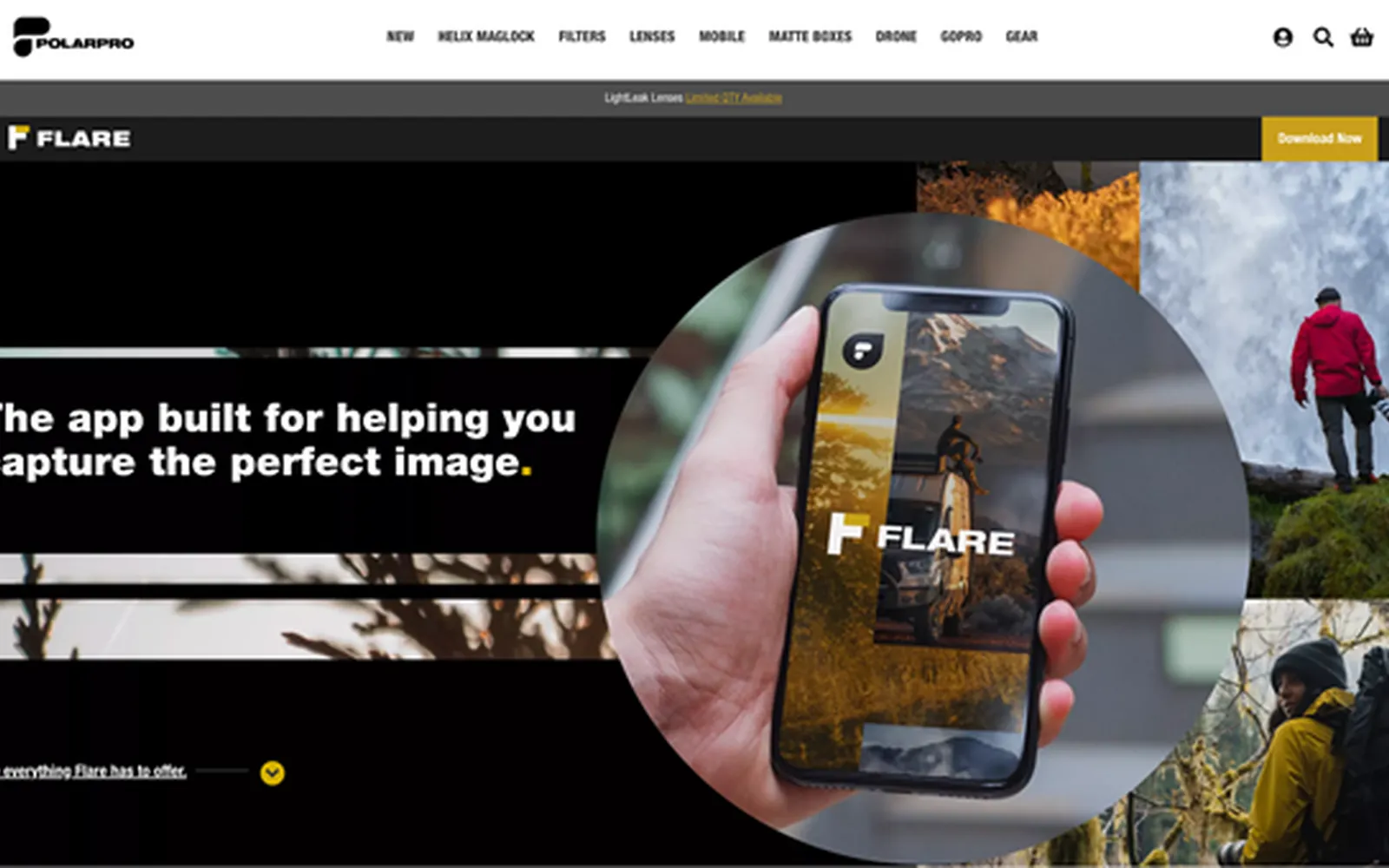 PolarPro Flare product page promoting the mobile app built for capturing the perfect image.