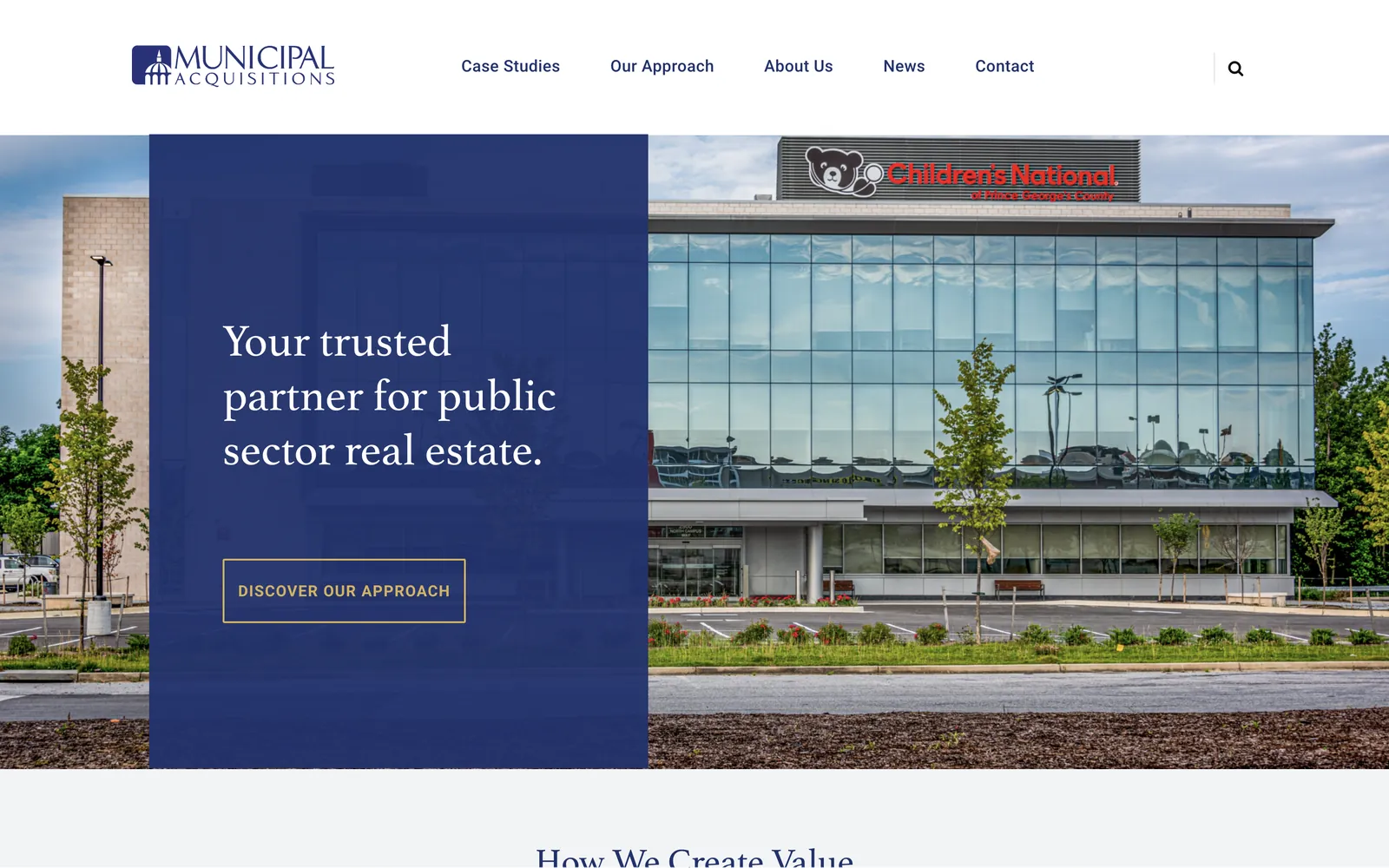 Municipal Acquisitions homepage showing a public-sector office building beside the headline about being a trusted partner for public sector real estate.