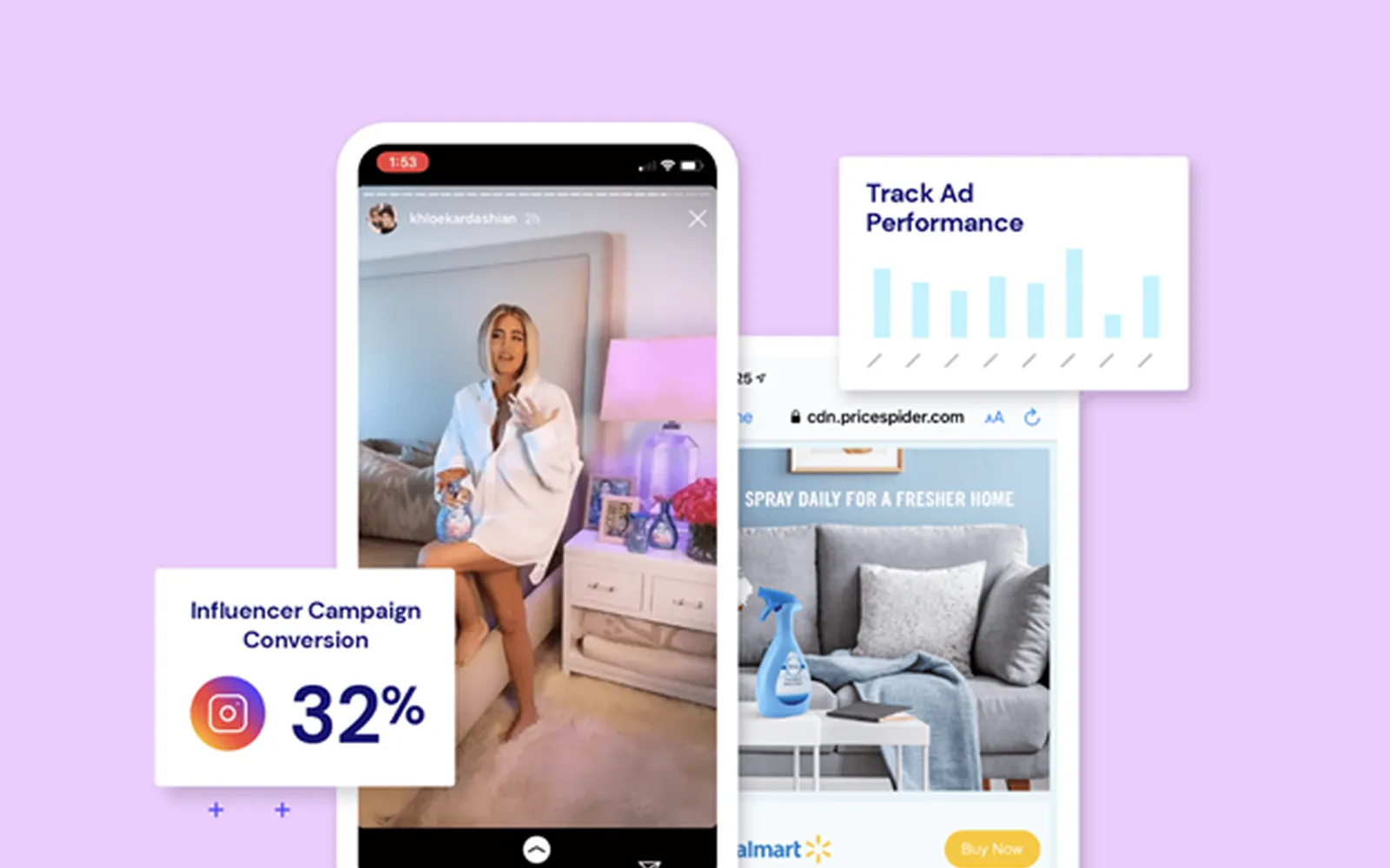 PriceSpider brand experience dashboard showing influencer campaign conversion tracking and retailer ad performance.