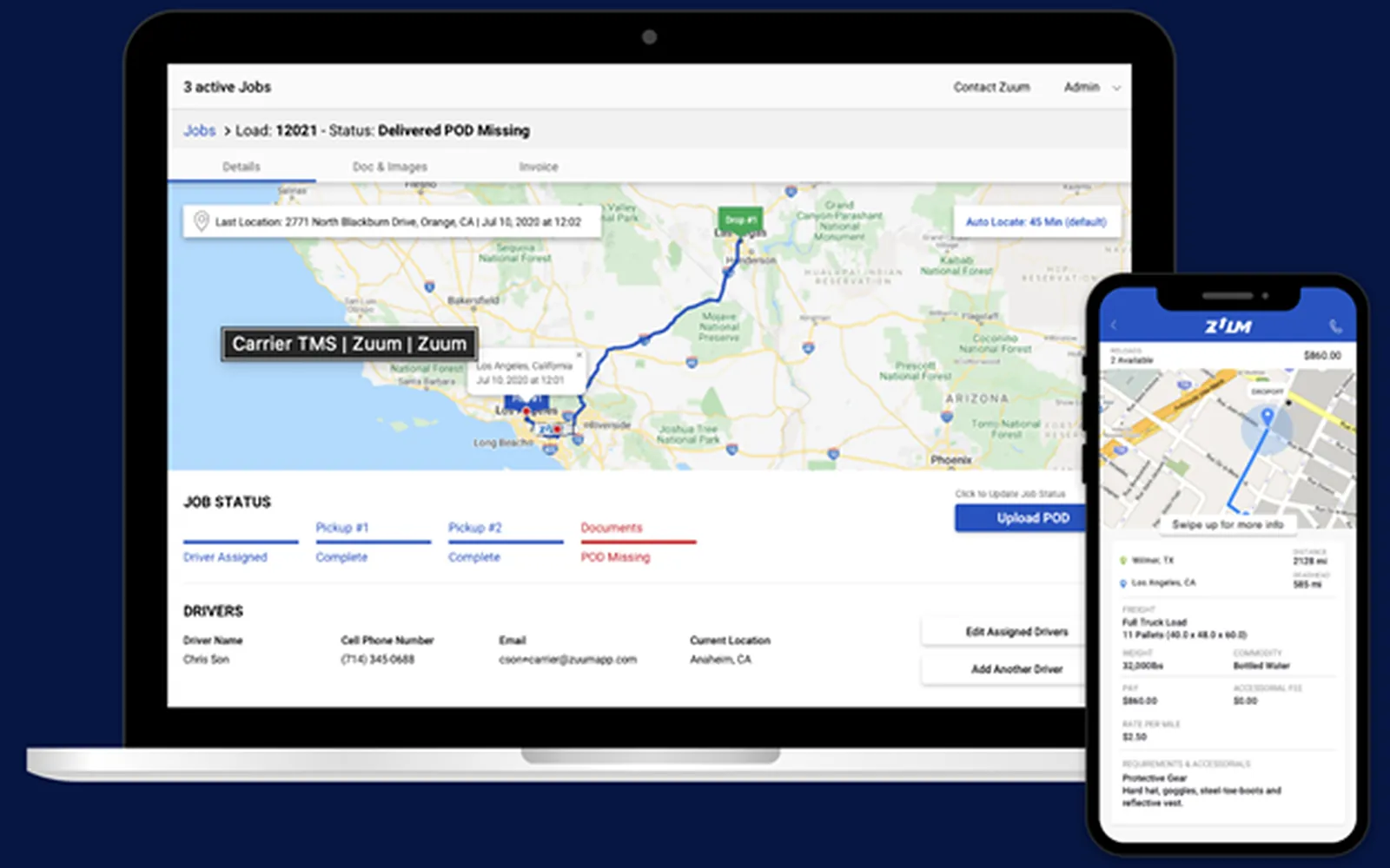 Zuum Transportation load management dashboard showing a shipment route map on desktop alongside the driver mobile app.
