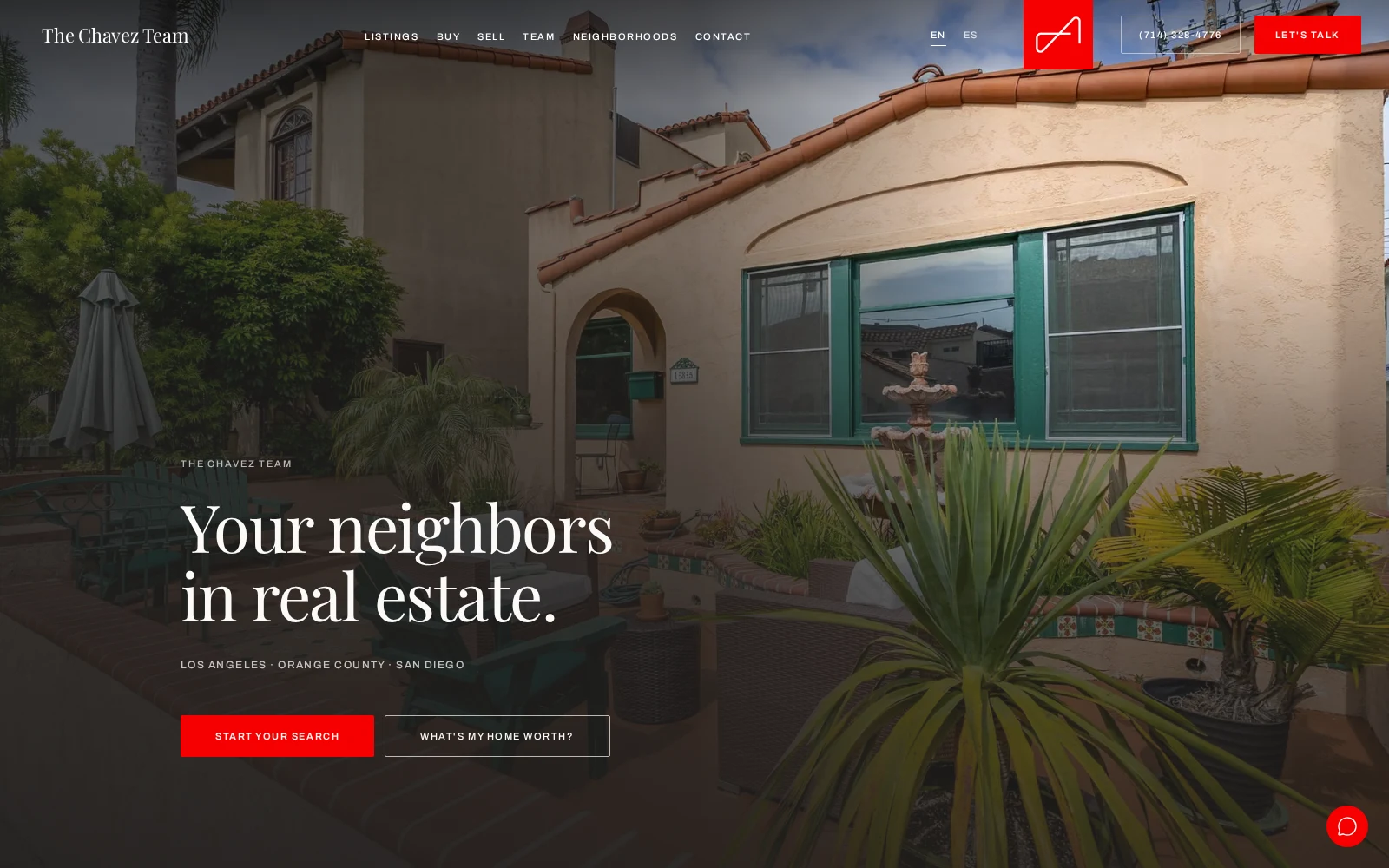 The Chavez Team homepage showing a Southern California home and buyer and seller links