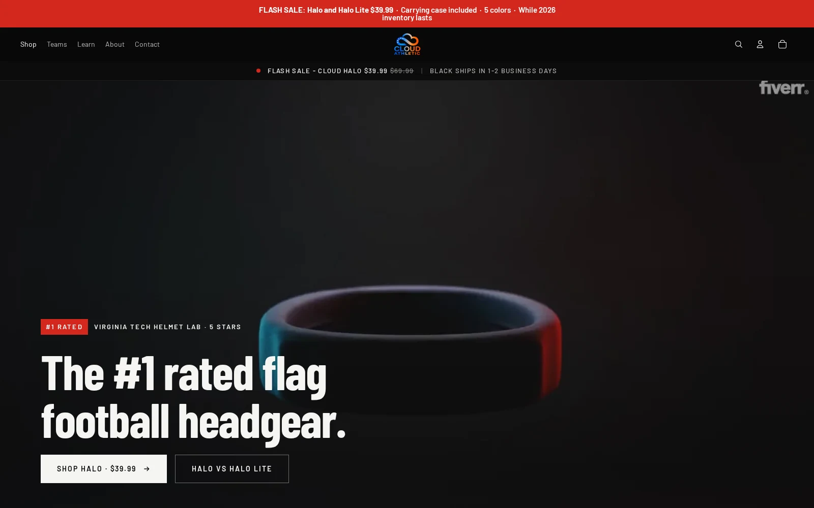 Cloud Athletic homepage showing flag-football headgear and shopping links